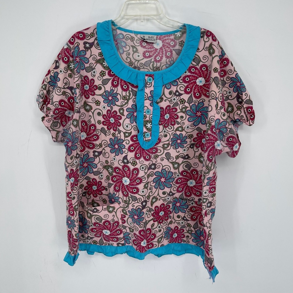 Bay Breeze Women's Pink Floral Ruffle Back Waist Ties Medical Scrub Top Size 2X